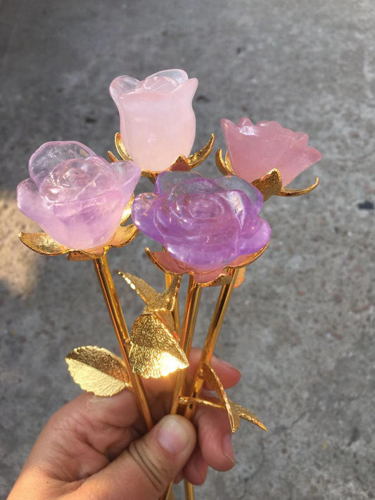Rose quartz and Amethyst carving rose- metal brass plated gold colour