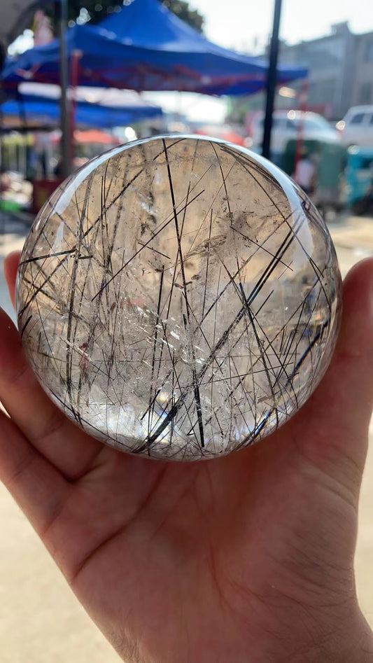 Black hair rutilated quartz sphere 8