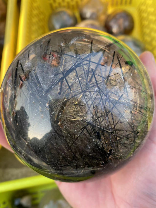 Black hair rutilated quartz sphere 6